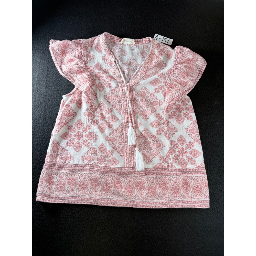 Lucky Brand Red Paisley Medallion Flutter Sleeve Tassel Tie Blouse Small